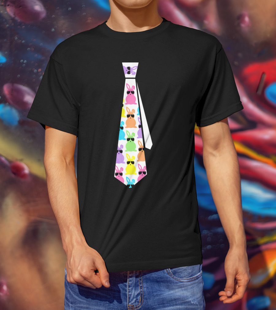 Funny Colorful Easter Bunny Necktie With Sunglasses T-Shirt