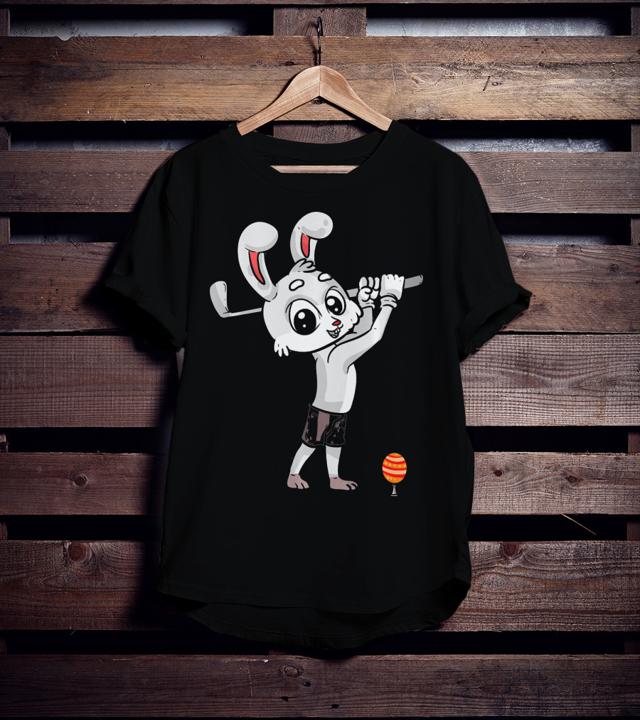 Funny Easter Bunny Playing Golf With Striped Egg T-Shirt