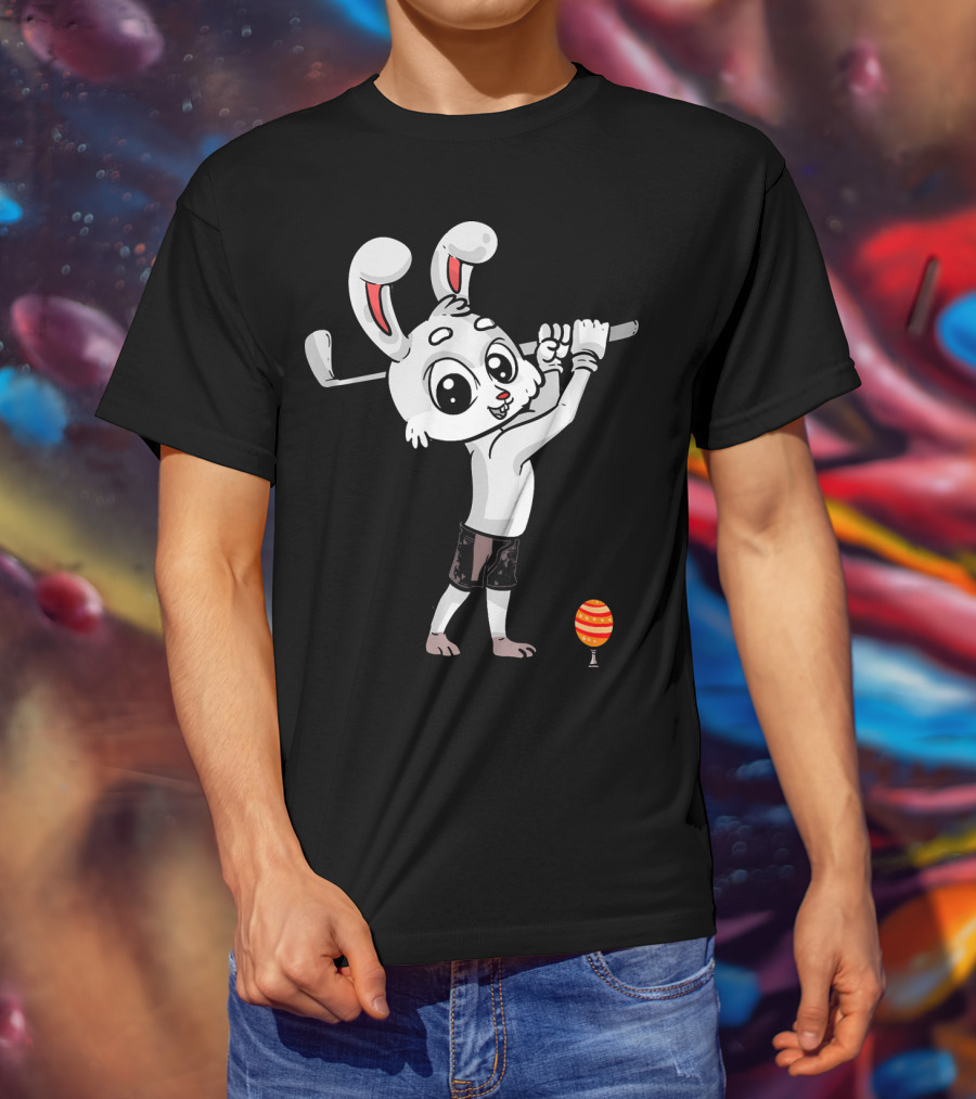 Funny Easter Bunny Playing Golf With Striped Egg T-Shirt