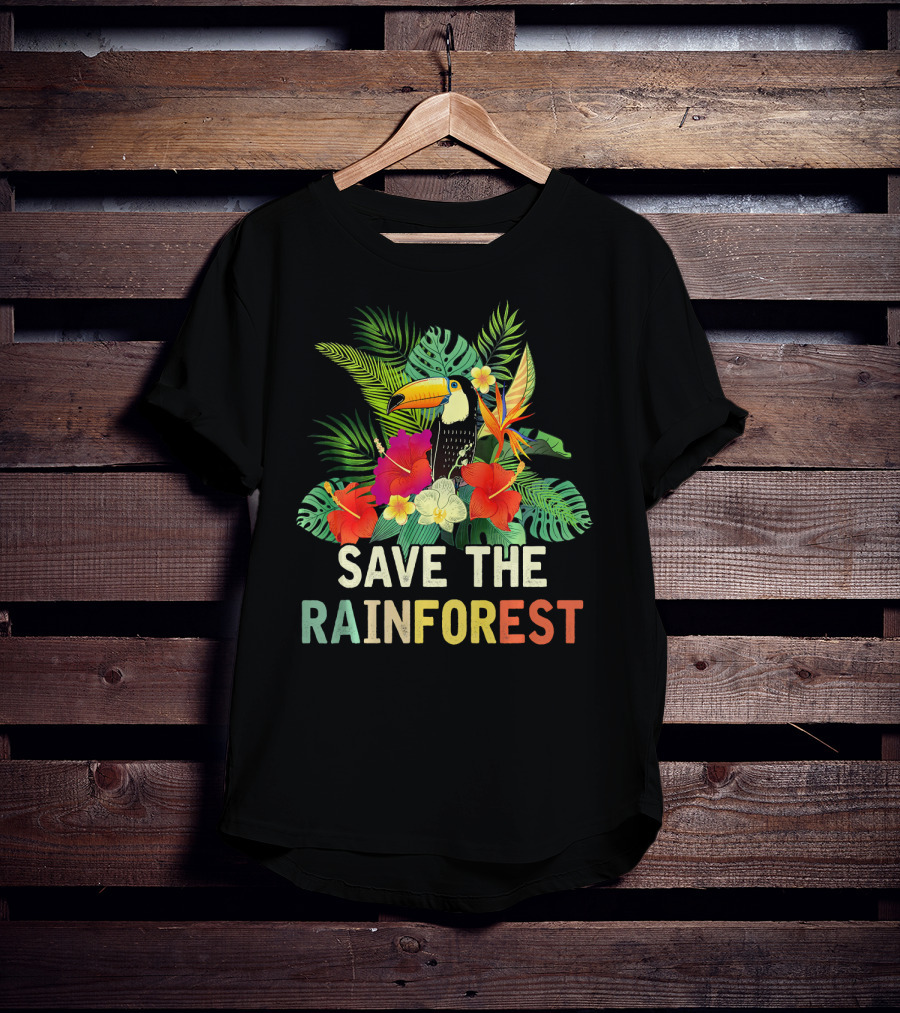 Save The Rainforest Colorful Toucan And Tropical Flowers T-Shirt