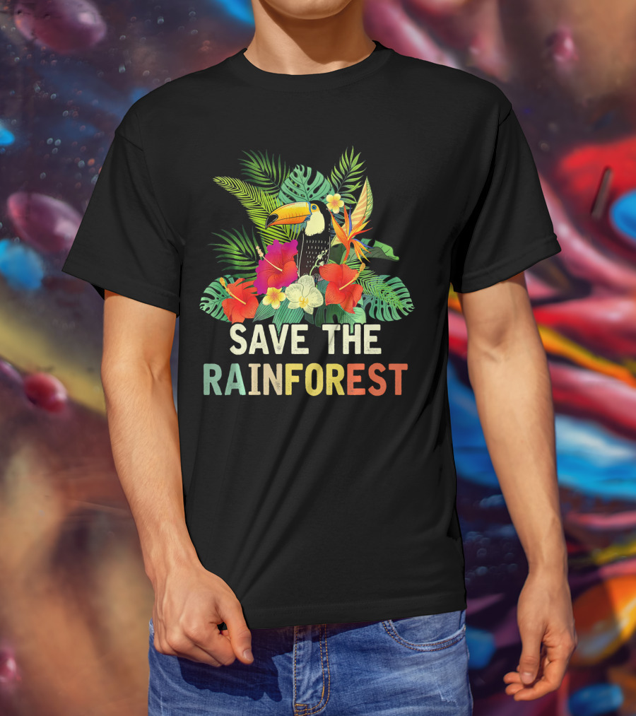 Save The Rainforest Colorful Toucan And Tropical Flowers T-Shirt