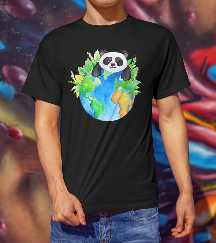Cute Earth Panda Bear With Green Foliage T-Shirt