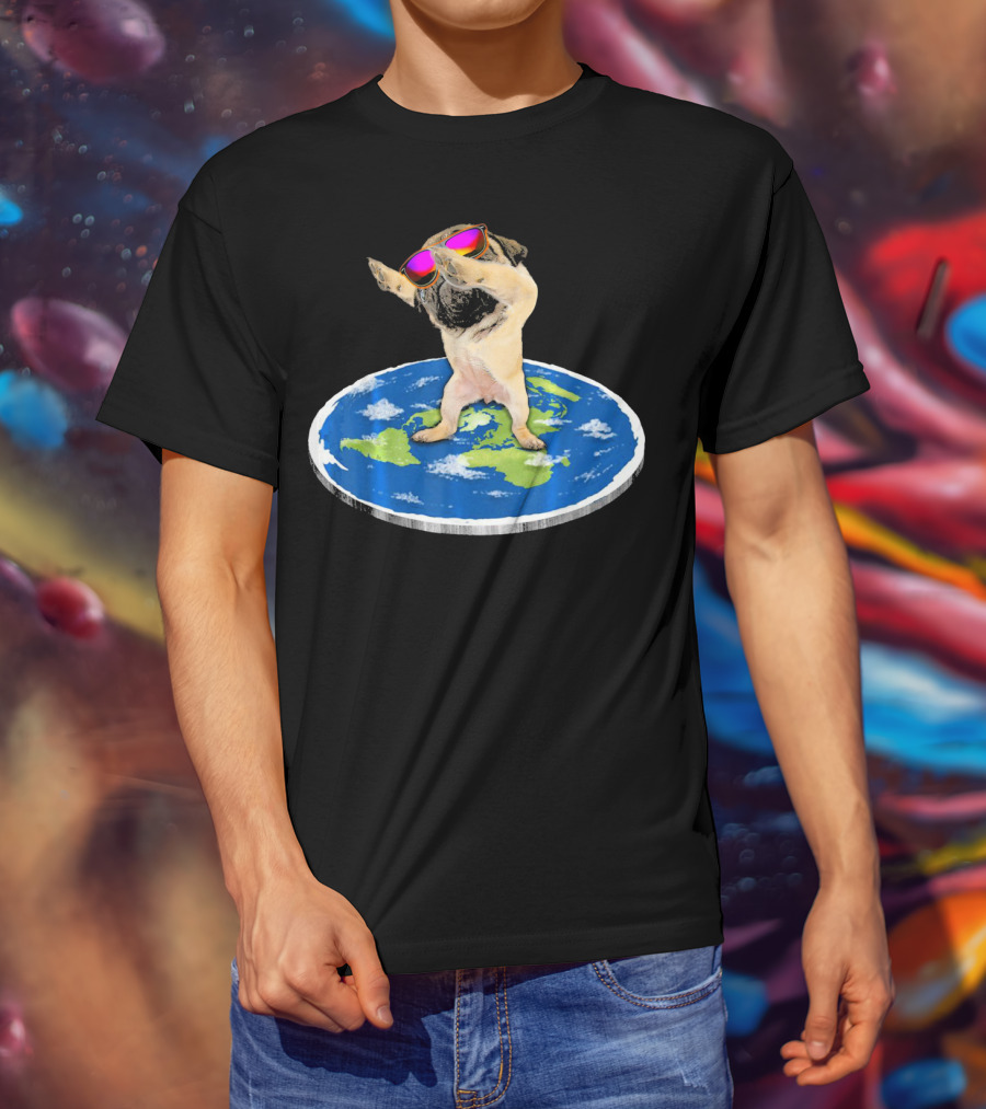 Flat Earth Pug Dabbing With Sunglasses On World Map T-Shirt