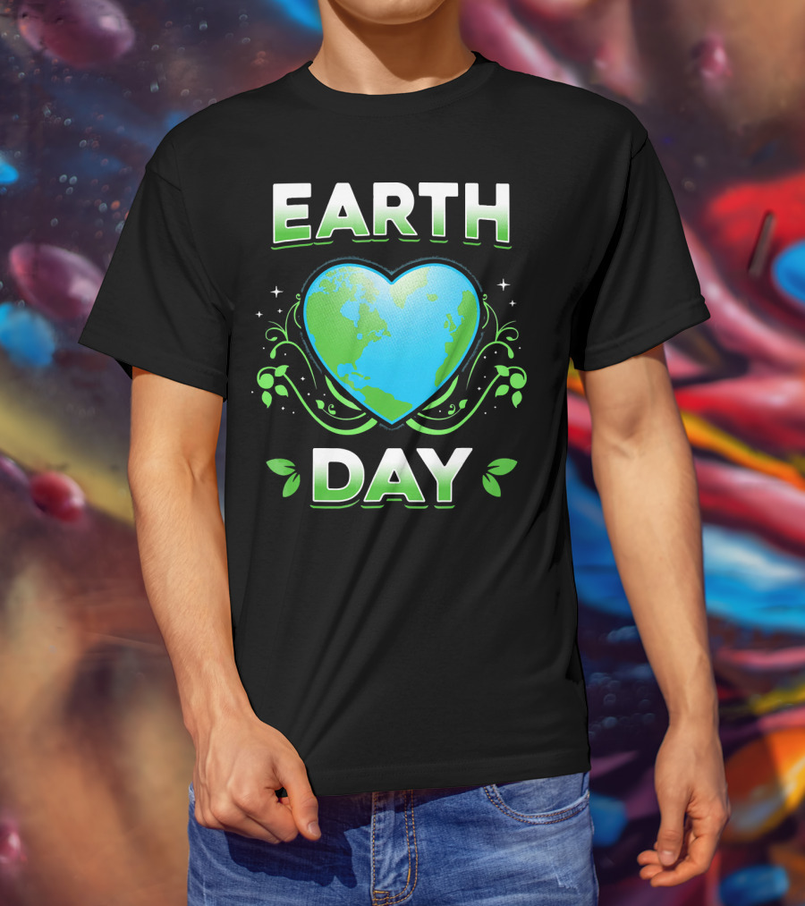 Earth Day Heart With Green Leaves And Swirls T-Shirt