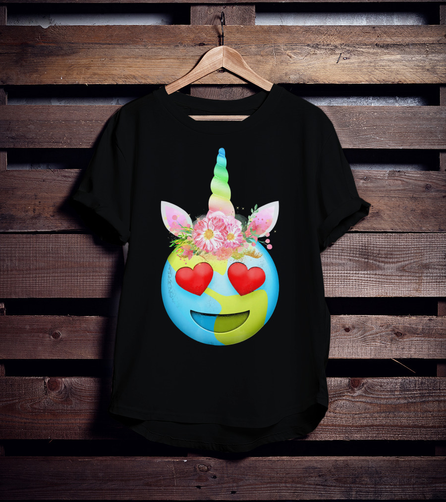 Heart Eyes Unicorn Earth Day Emoji Floral Mane T-Shirt