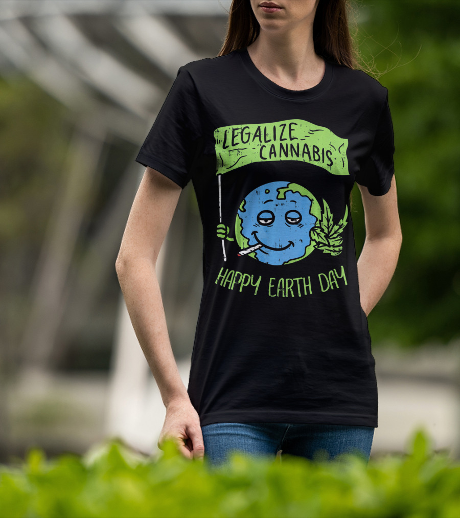 Legalize Cannabis Happy Earth Day Smoky Globe Holding Leaf T-Shirt