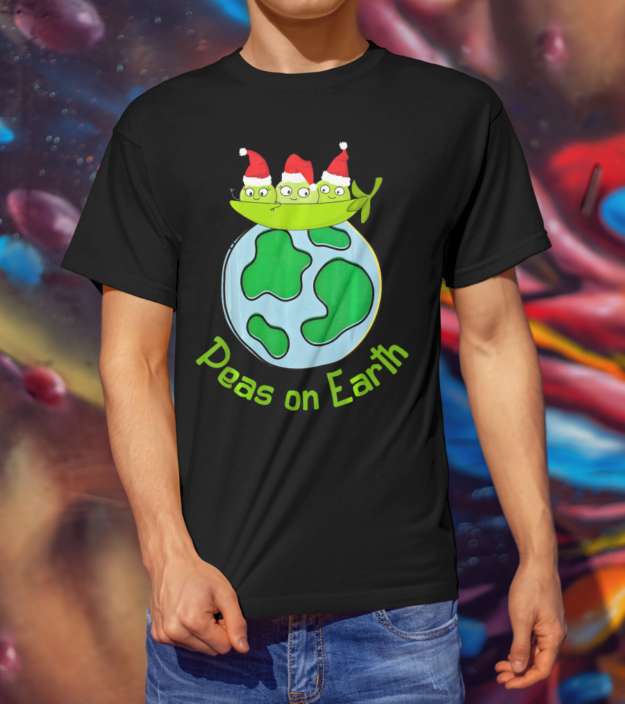 Christmas Peas On Earth With Santa Hat Vegetables On Globe T-Shirt
