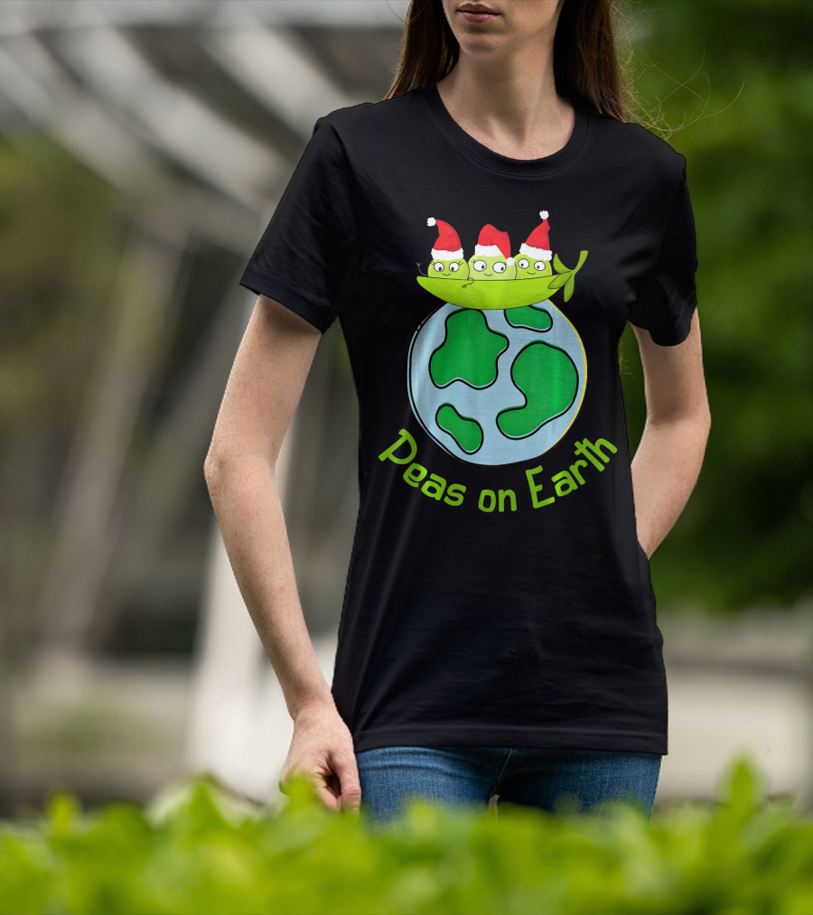 Christmas Peas On Earth With Santa Hat Vegetables On Globe T-Shirt