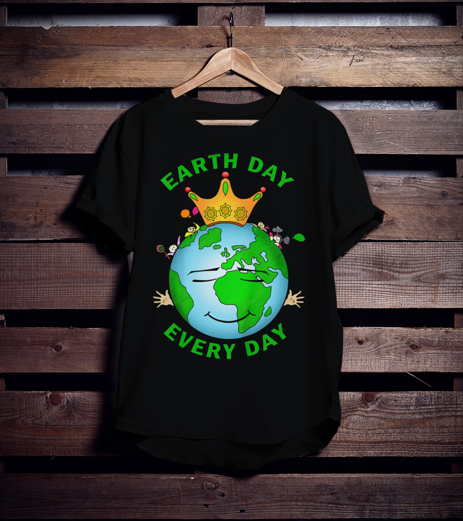 Earth Day Every Day Smiling Earth With Crown And Playful Elements T-Shirt