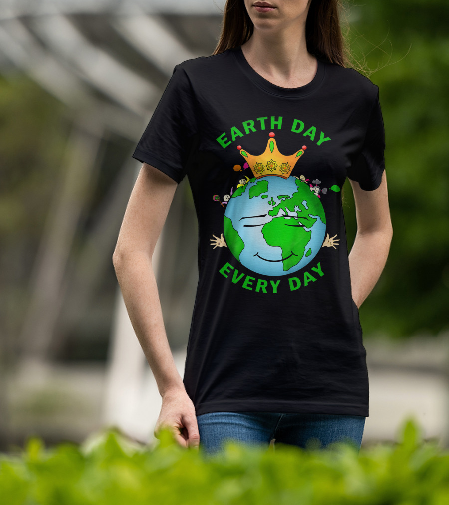 Earth Day Every Day Smiling Earth With Crown And Playful Elements T-Shirt