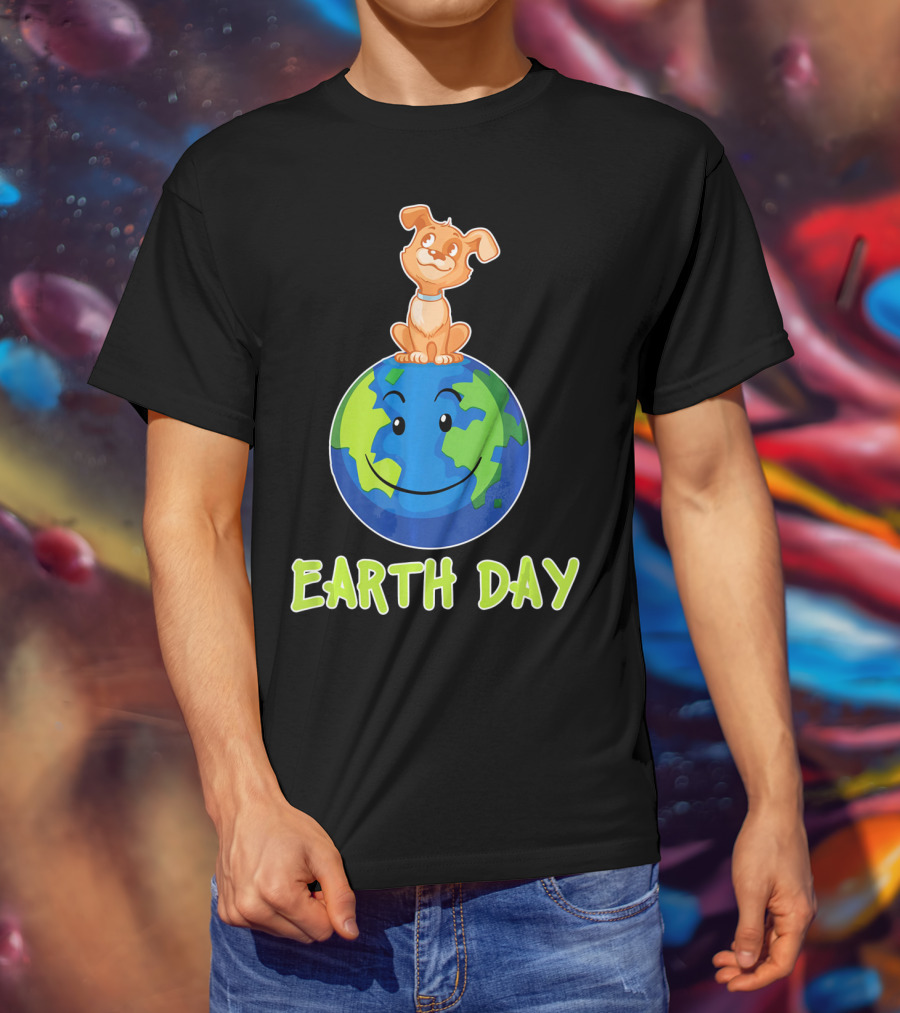 Earth Day Dog On Smiling Planet Earth T-Shirt