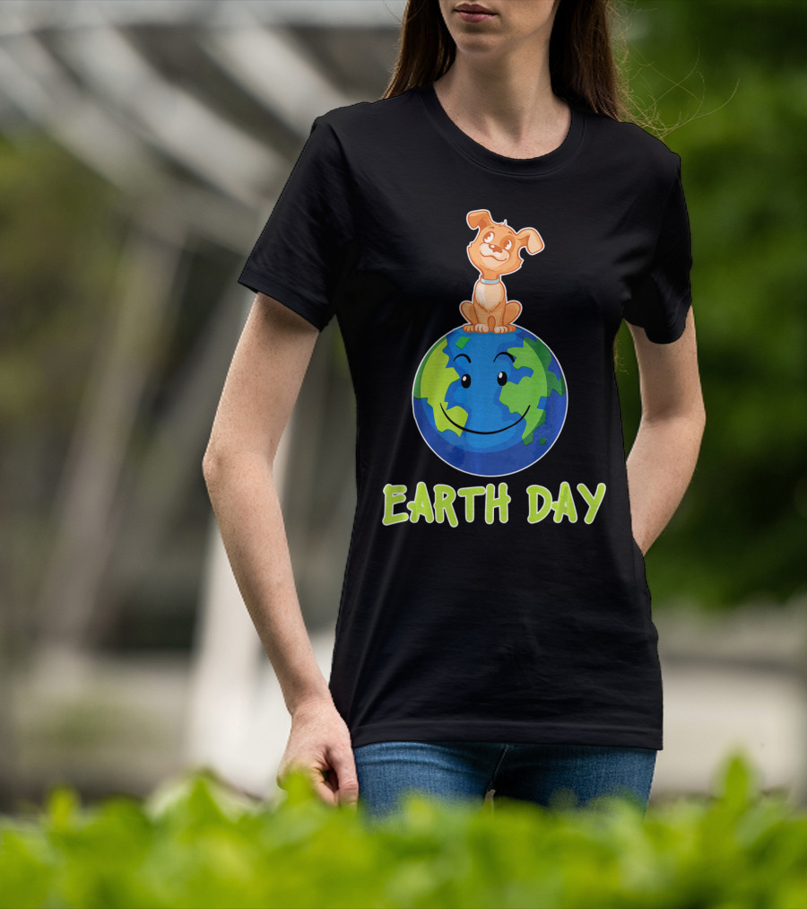 Earth Day Dog On Smiling Planet Earth T-Shirt