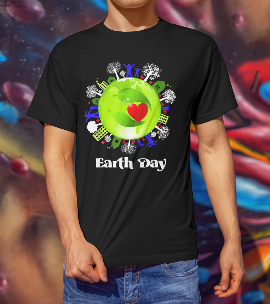 Earth Day Planet Earth Love With Leaf And Heart T-Shirt