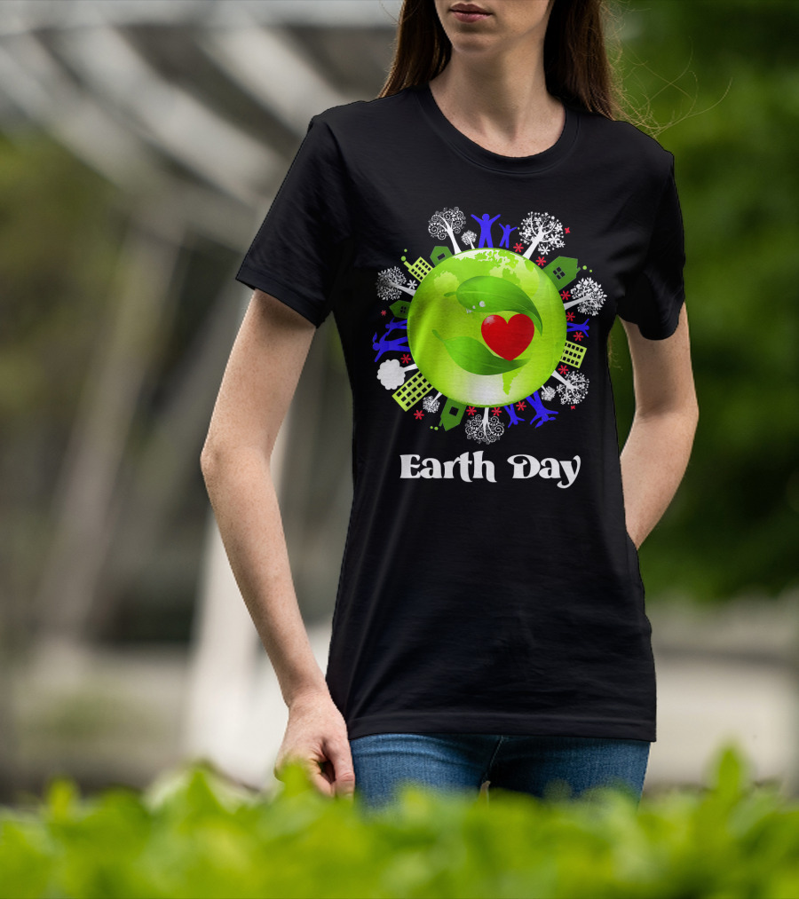 Earth Day Planet Earth Love With Leaf And Heart T-Shirt