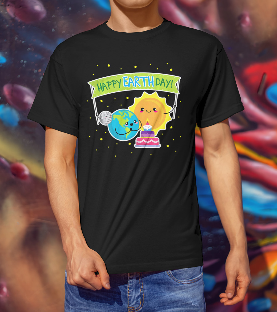 Happy Earth Day Cute Earth Sun Moon Cake T-Shirt