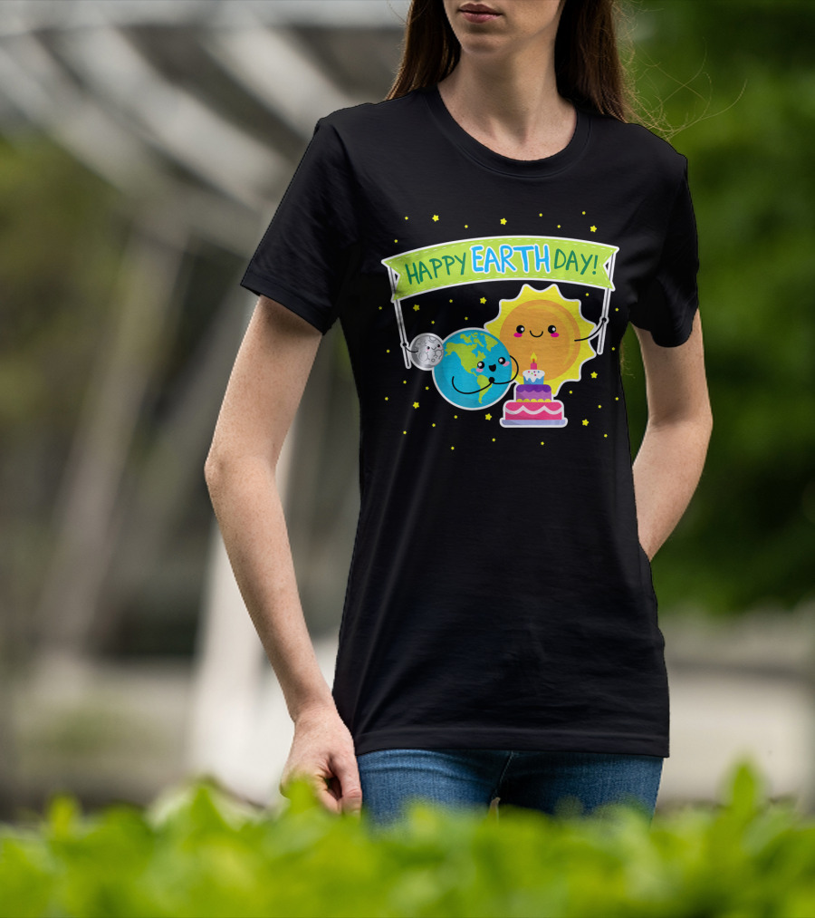 Happy Earth Day Cute Earth Sun Moon Cake T-Shirt