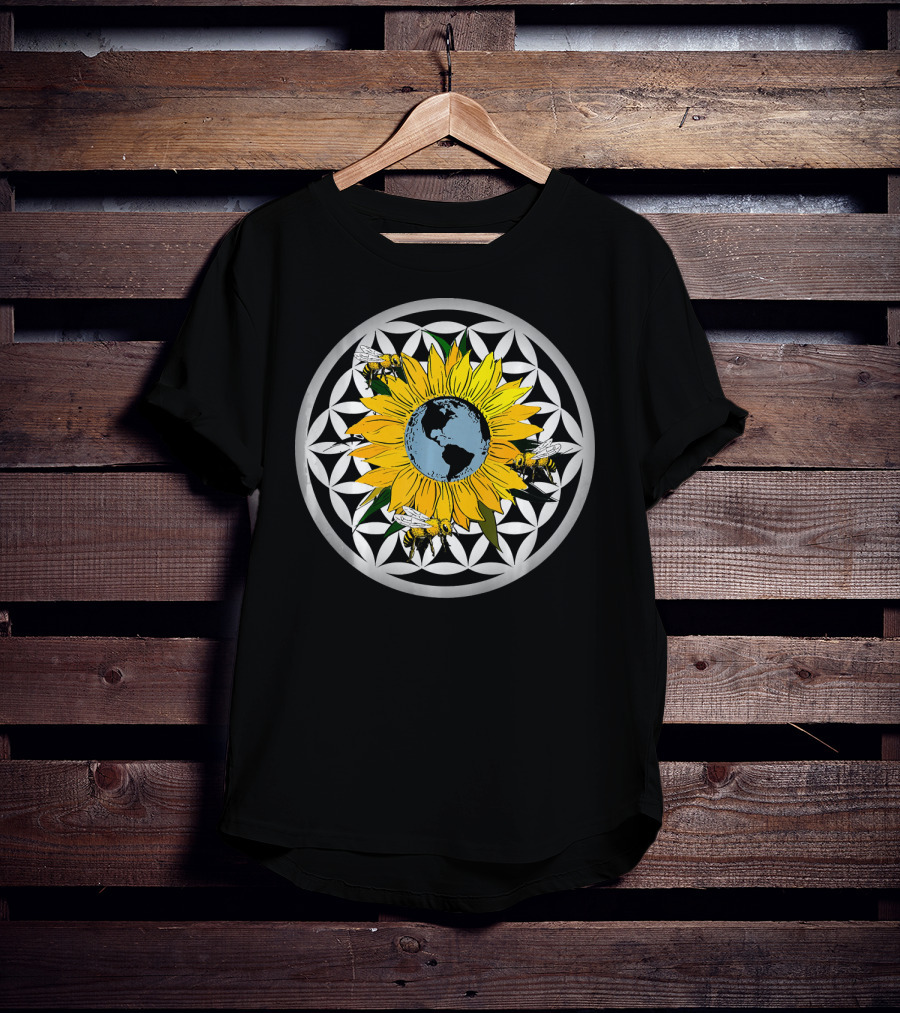 Sunflower Earth With Flower Of Life And Bees T-Shirt