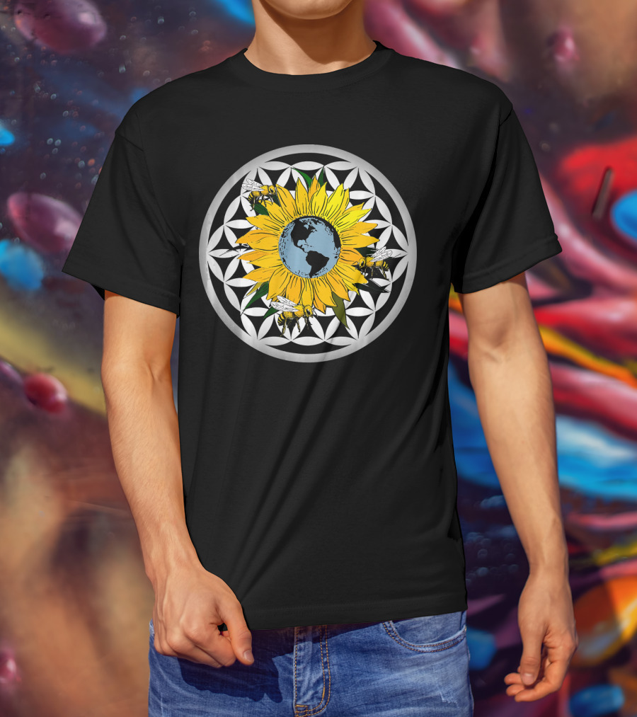 Sunflower Earth With Flower Of Life And Bees T-Shirt