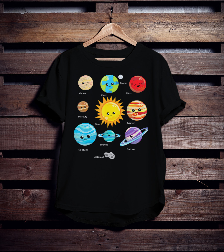 Solar System Planets Earth Moon Sun Venus Mars Mercury Jupiter Neptune Uranus Saturn Asteroid Cartoon T-Shirt
