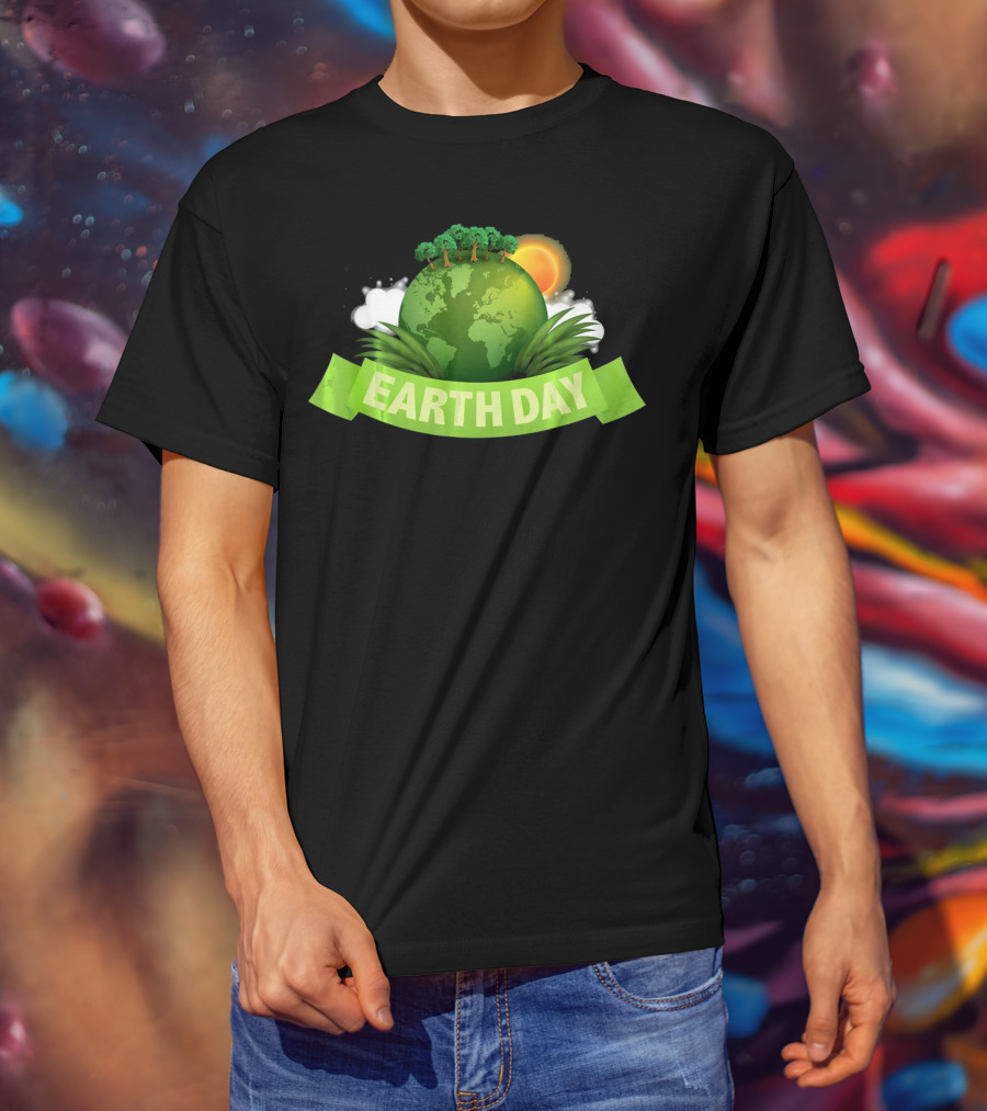 Happy Earth Day Globe With Green Banner And Sun T-Shirt