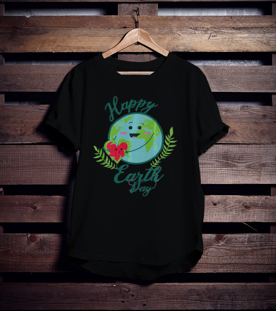 Happy Earth Day Smiling Planet With Heart And Leaves T-Shirt