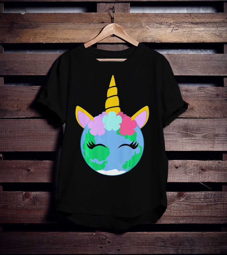 Unicorn Earth Cute Unicorn Face Earth With Flowers And Horn T-Shirt