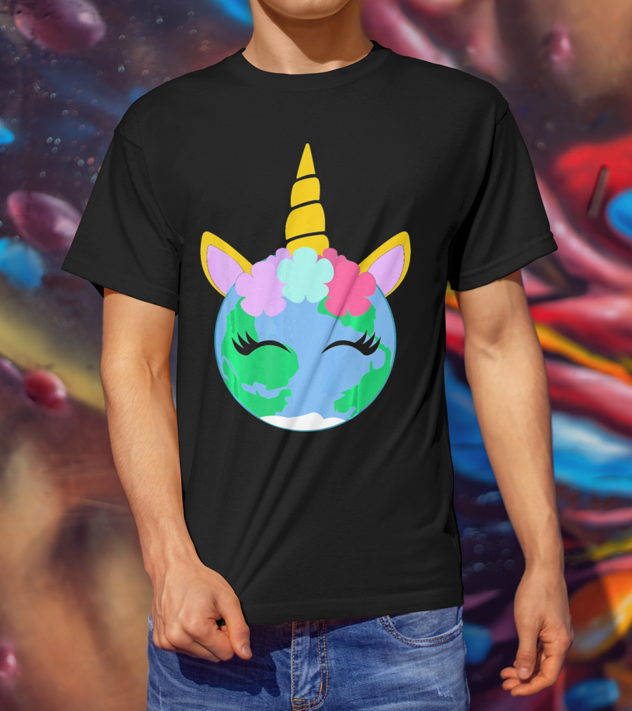 Unicorn Earth Cute Unicorn Face Earth With Flowers And Horn T-Shirt