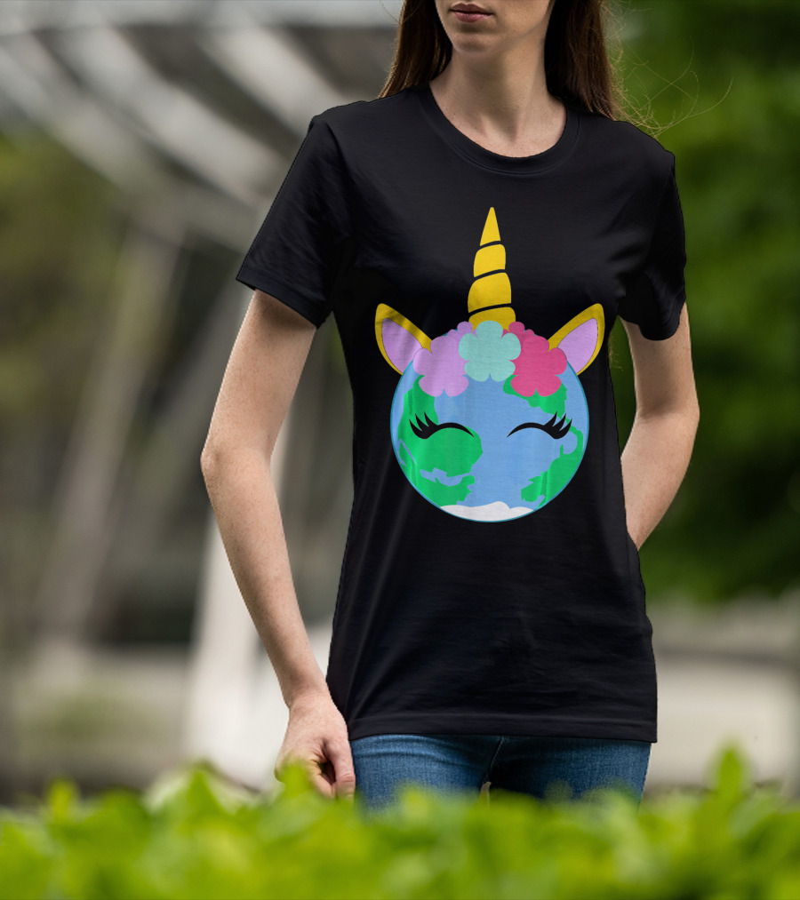 Unicorn Earth Cute Unicorn Face Earth With Flowers And Horn T-Shirt