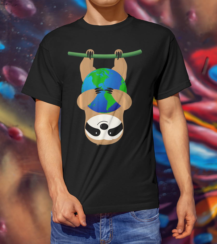 Earth Day Love The Earth Hanging Sloth Hugging Globe T-Shirt