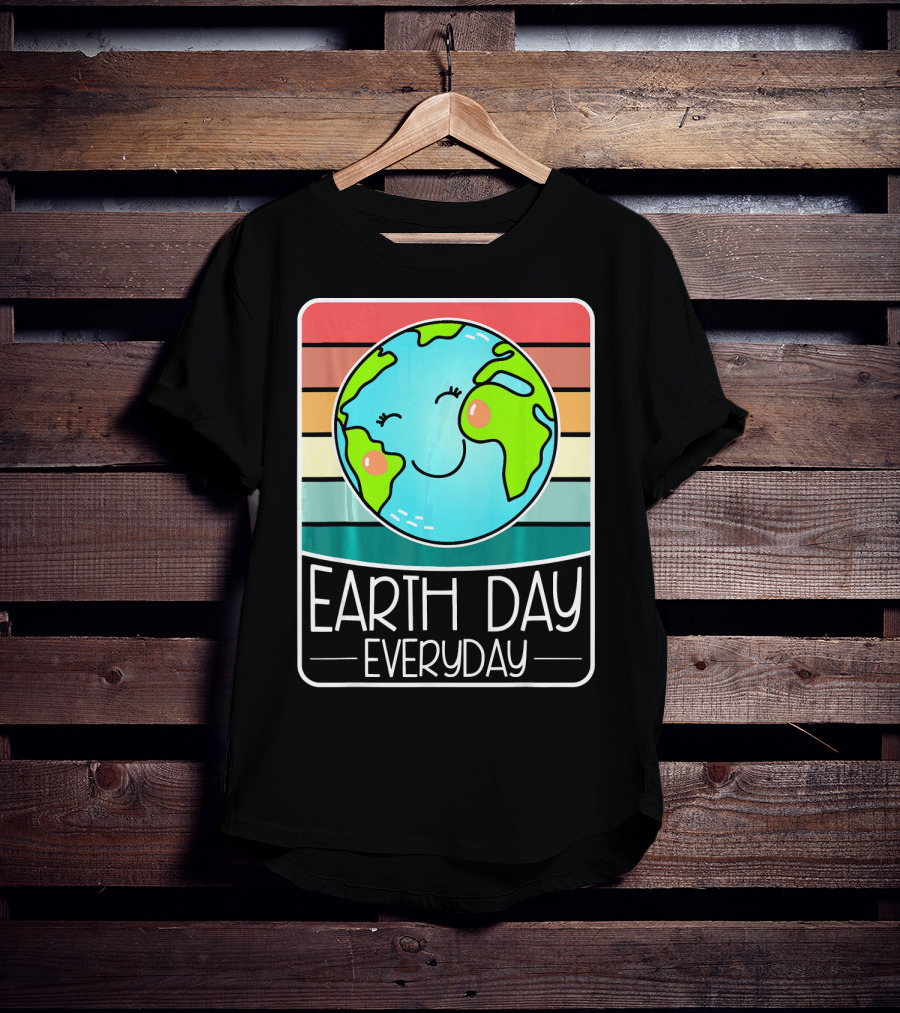 Earth Day Everyday Smiling Earth On Retro Stripes T-Shirt