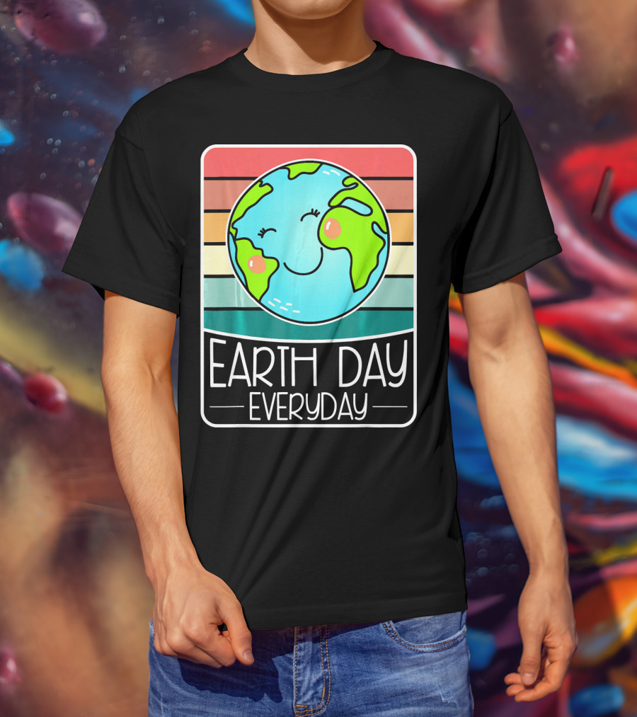 Earth Day Everyday Smiling Earth On Retro Stripes T-Shirt