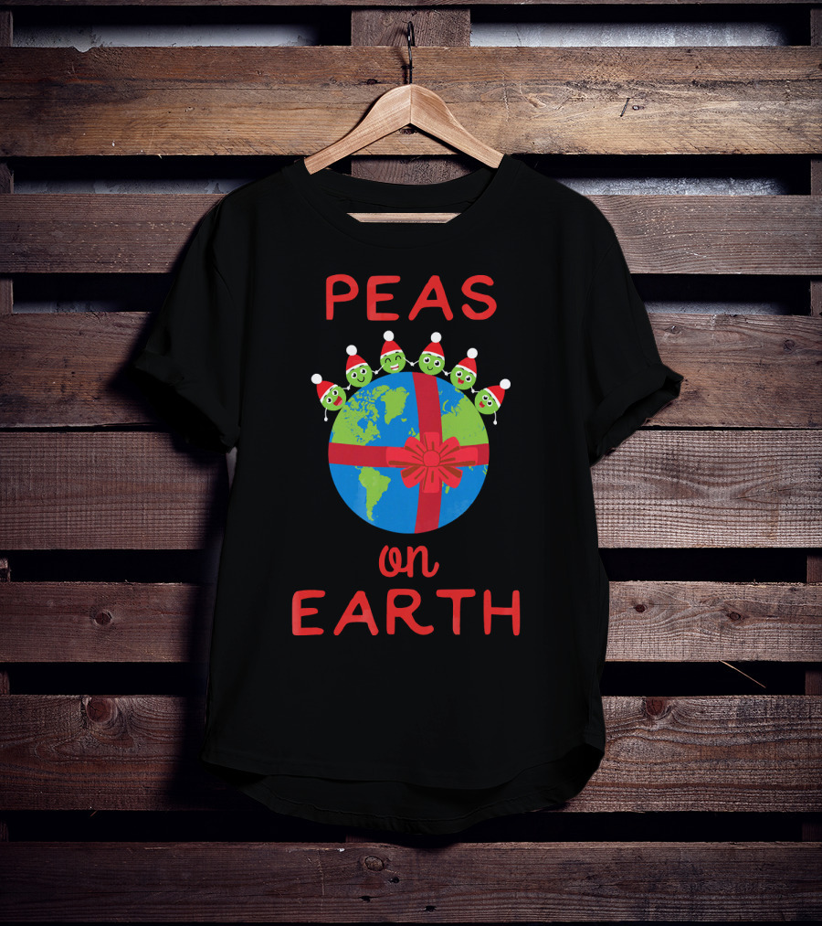 Peas On Earth World Peace Vegetables Santa Hat Planet Gift Bow T-Shirt