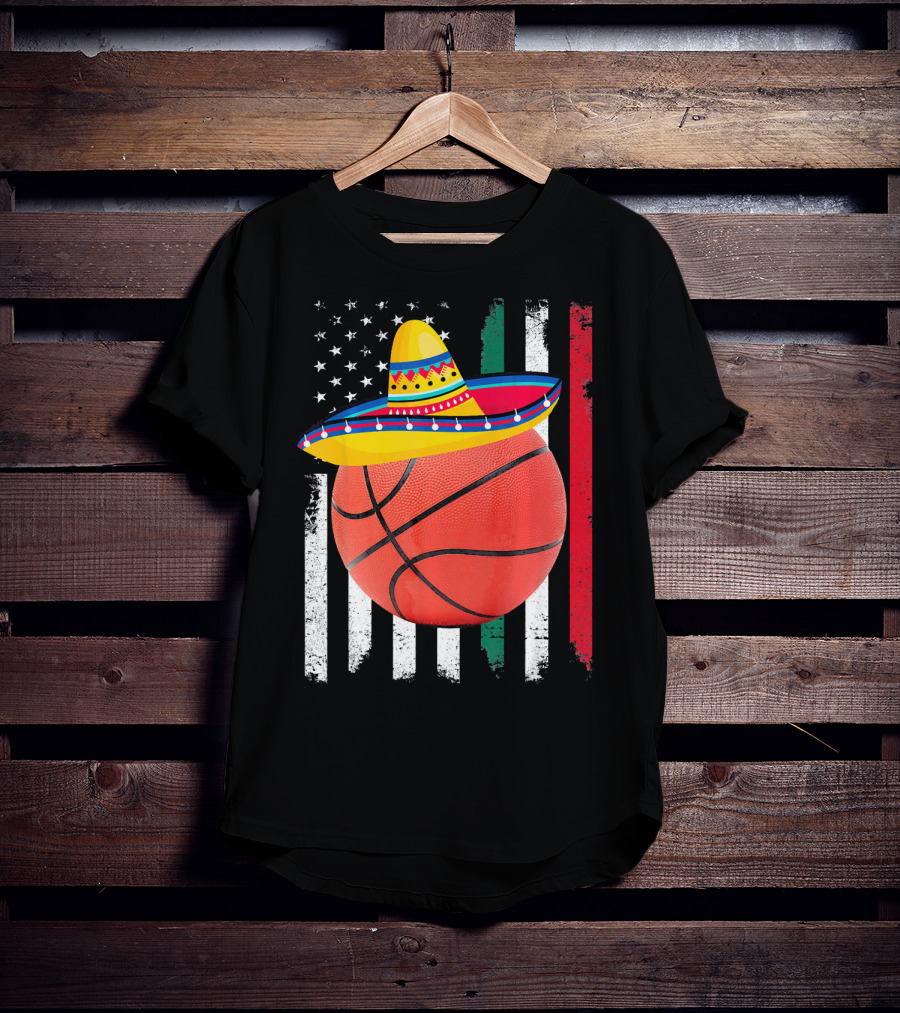 Cinco De Mayo Basketball Sombrero USA Mexico Flag T-Shirt