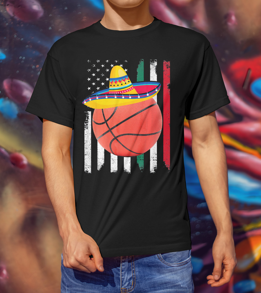 Cinco De Mayo Basketball Sombrero USA Mexico Flag T-Shirt