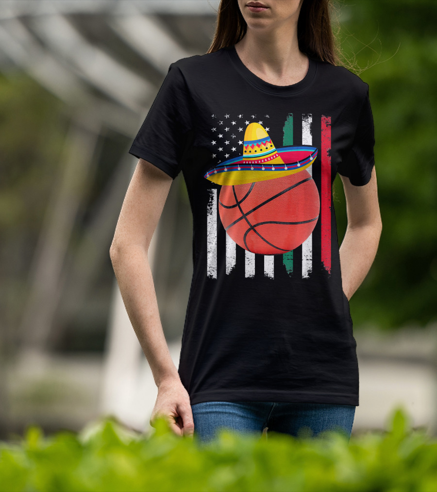 Cinco De Mayo Basketball Sombrero USA Mexico Flag T-Shirt