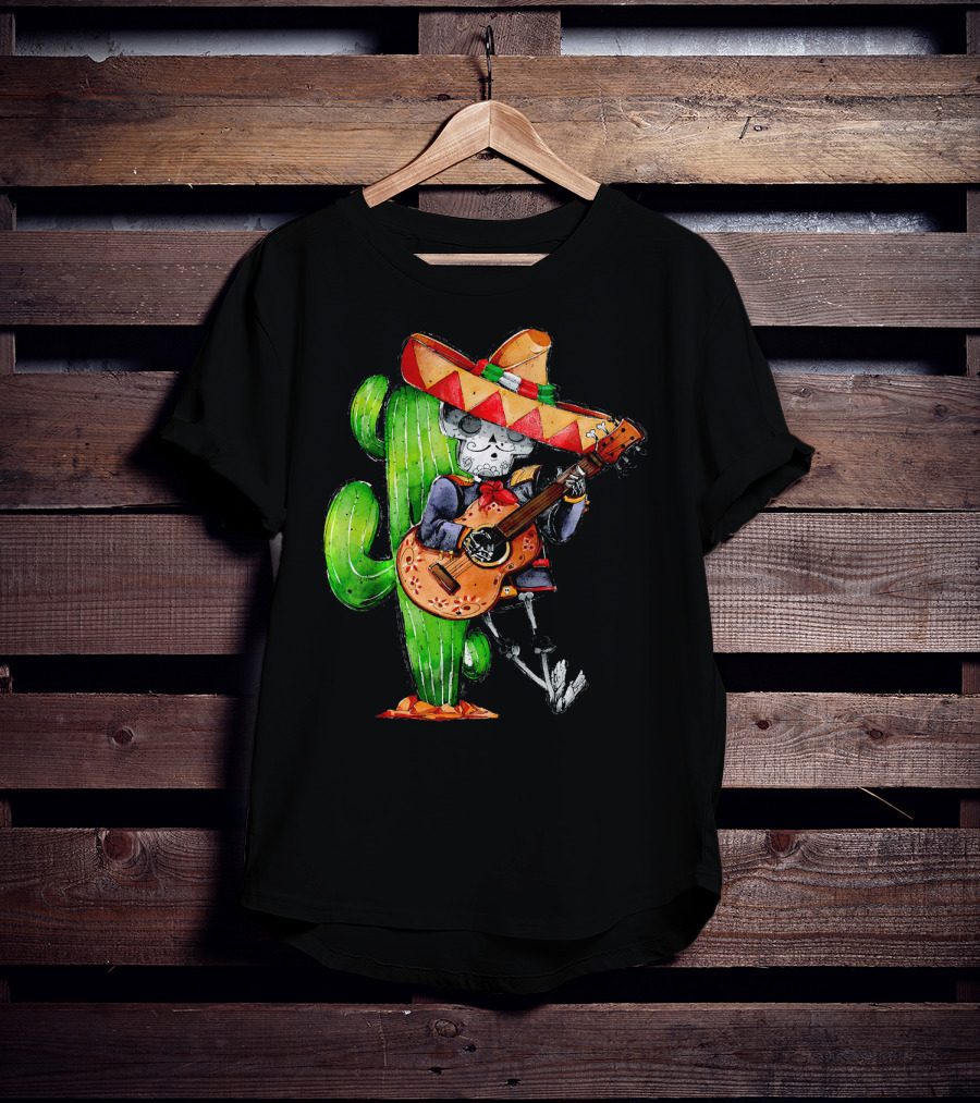 Mexican Independence Cinco De Mayo Mariachi Skeleton With Sombrero And Guitar T-Shirt