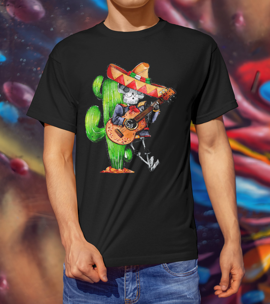 Mexican Independence Cinco De Mayo Mariachi Skeleton With Sombrero And Guitar T-Shirt