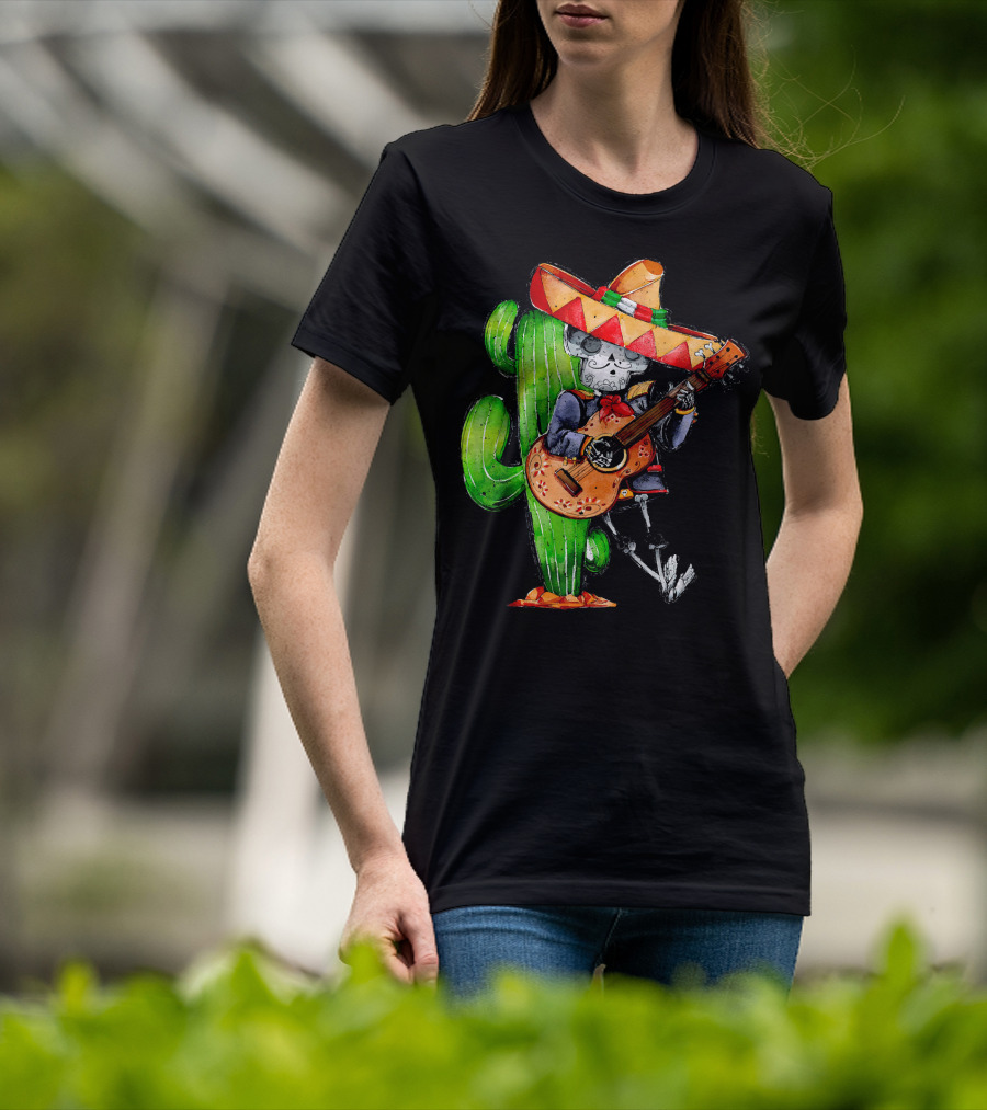 Mexican Independence Cinco De Mayo Mariachi Skeleton With Sombrero And Guitar T-Shirt