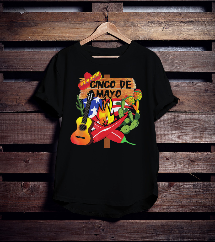 Cinco De Mayo America Loves Mexico With Sombrero Guitar Peppers Cactus And Maracas T-Shirt