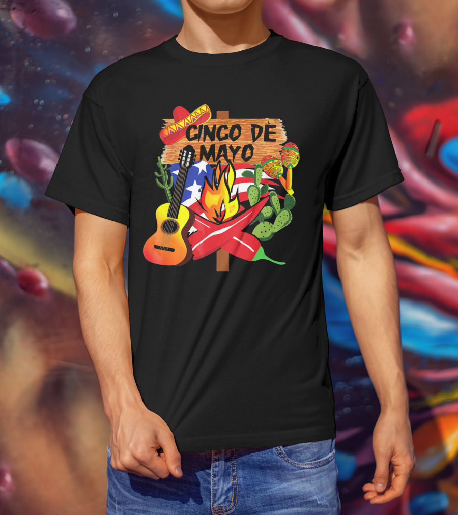 Cinco De Mayo America Loves Mexico With Sombrero Guitar Peppers Cactus And Maracas T-Shirt