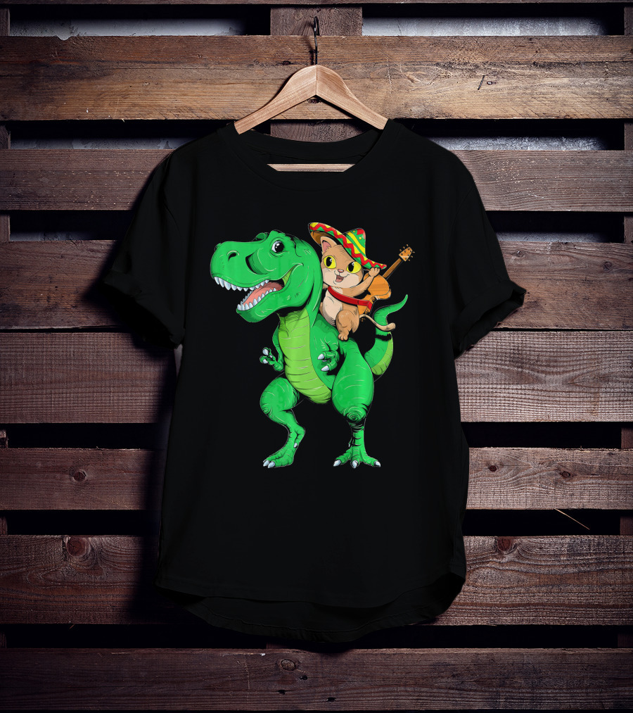 Cinco De Mayo Cat With Sombrero Riding T-Rex T-Shirt