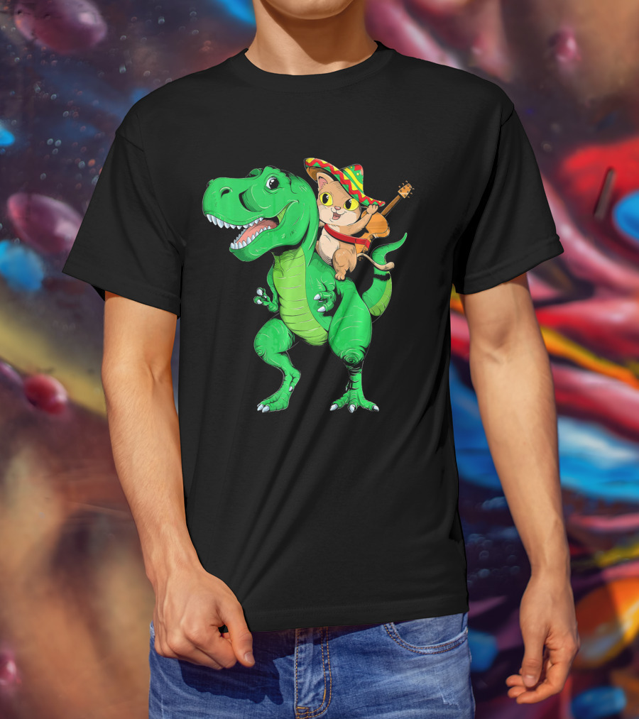 Cinco De Mayo Cat With Sombrero Riding T-Rex T-Shirt