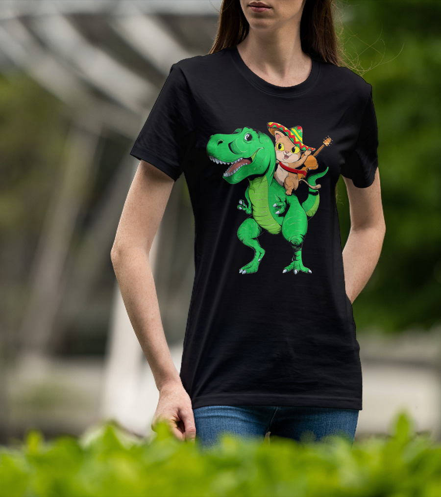 Cinco De Mayo Cat With Sombrero Riding T-Rex T-Shirt