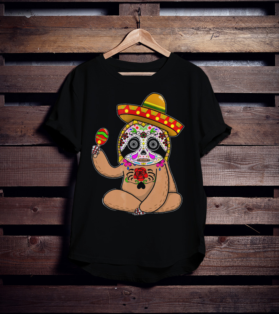 Cinco De Mayo Sloth Day Of The Dead Sombrero Maracas T-Shirt