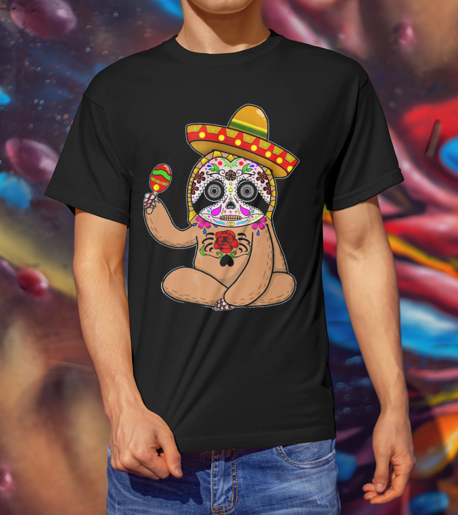 Cinco De Mayo Sloth Day Of The Dead Sombrero Maracas T-Shirt