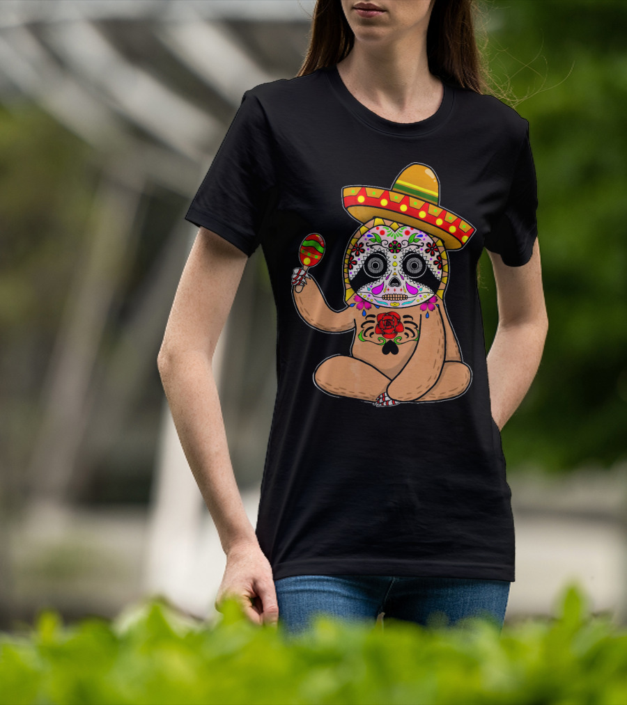 Cinco De Mayo Sloth Day Of The Dead Sombrero Maracas T-Shirt