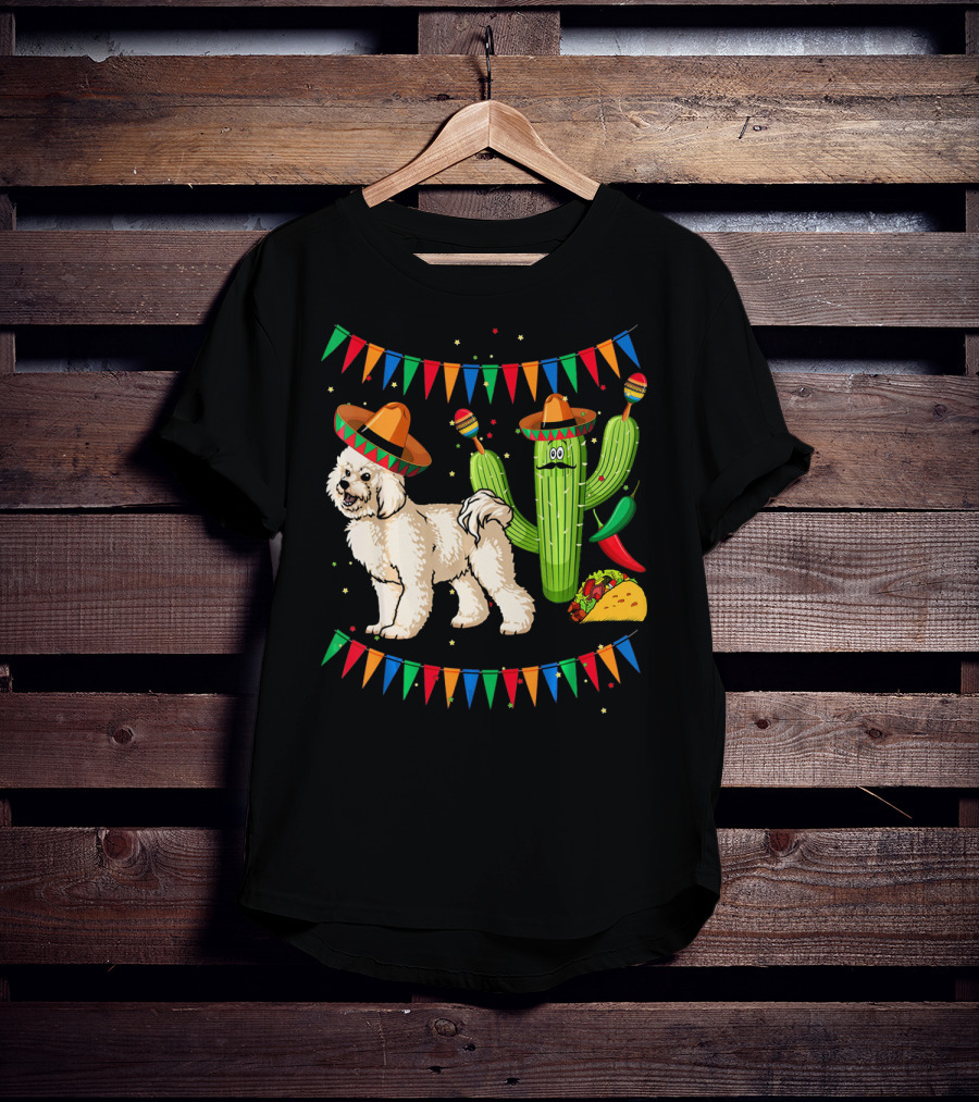 Sombrero Bichon Frise Dog And Cactus With Maracas Mexico Cinco Fiesta T-Shirt