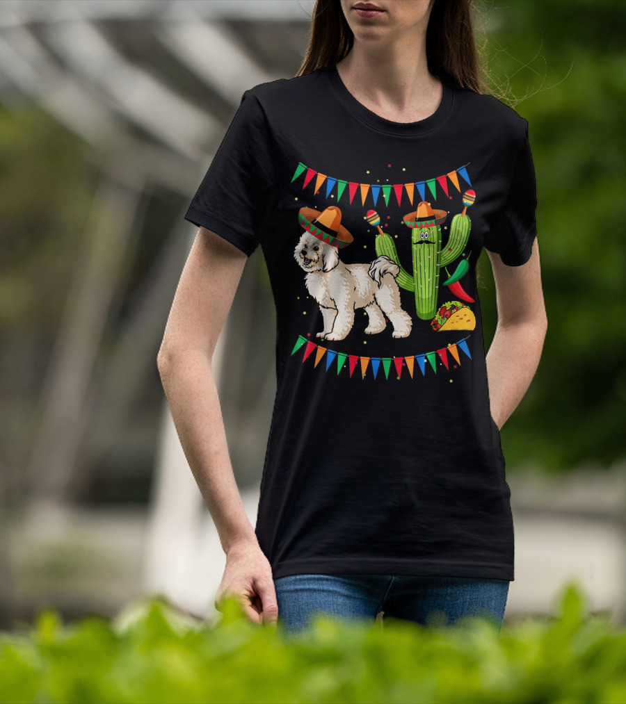 Sombrero Bichon Frise Dog And Cactus With Maracas Mexico Cinco Fiesta T-Shirt