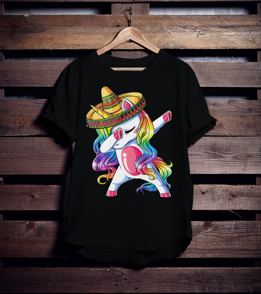 Dabbing Rainbow Unicorn With Sombrero Funny Cinco De Mayo T-Shirt