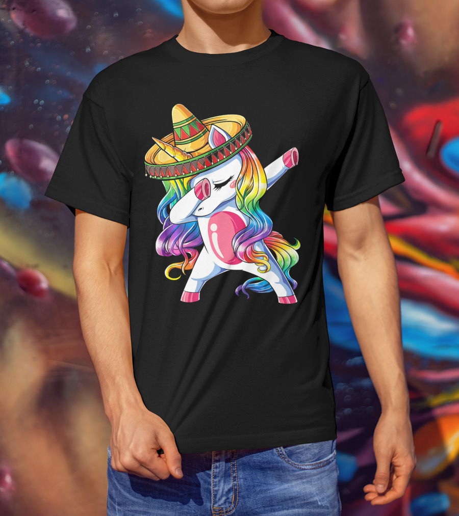 Dabbing Rainbow Unicorn With Sombrero Funny Cinco De Mayo T-Shirt